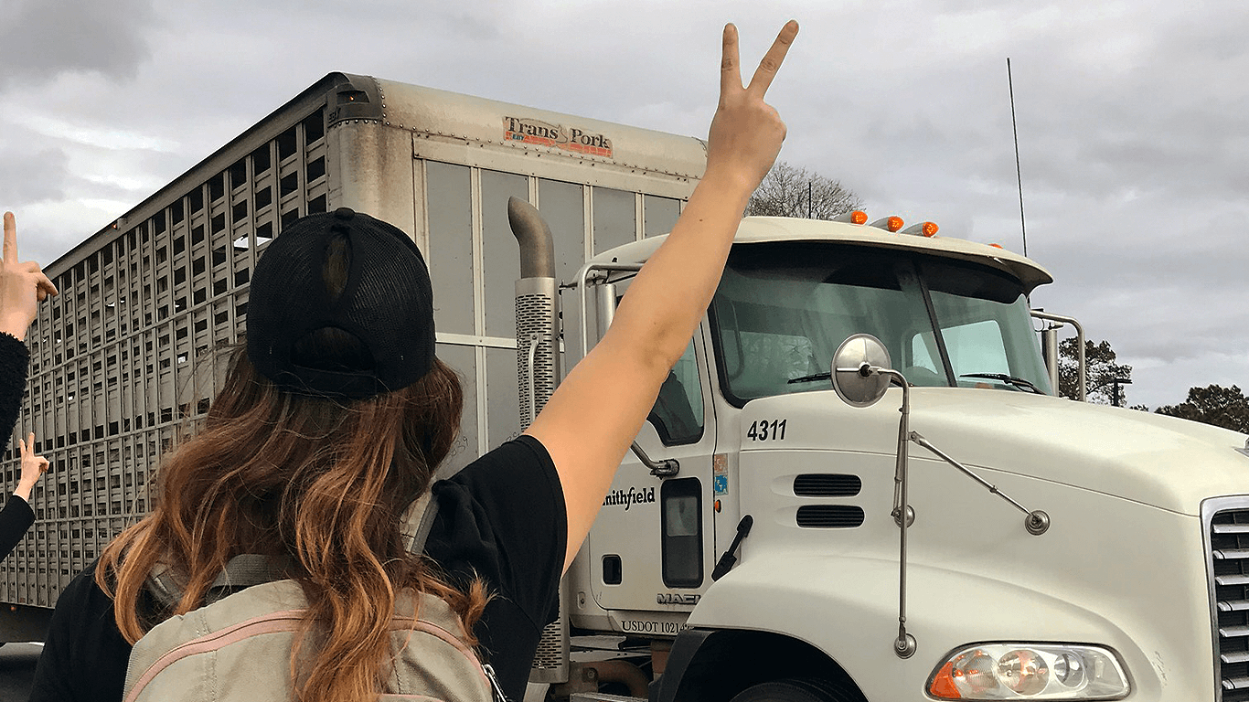 female activist holding up peace sign in front of slaughterhouse truck